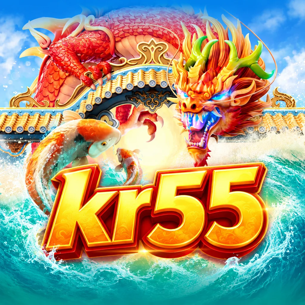 Logo kr55 berlatar belakang naga emas dan ikan koi melompat dari ombak dalam Dragon Legend