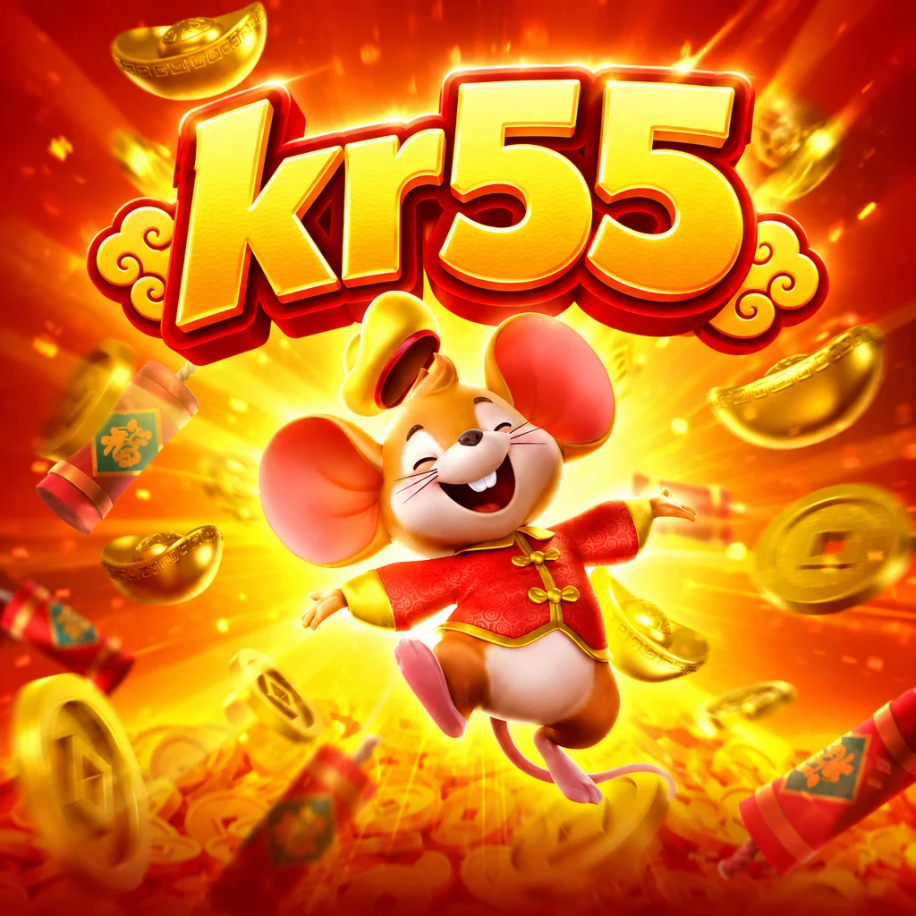 Teks kr55 di atas karakter tikus ceria berbusana tradisional di antara koin emas dalam Fortune Mouse